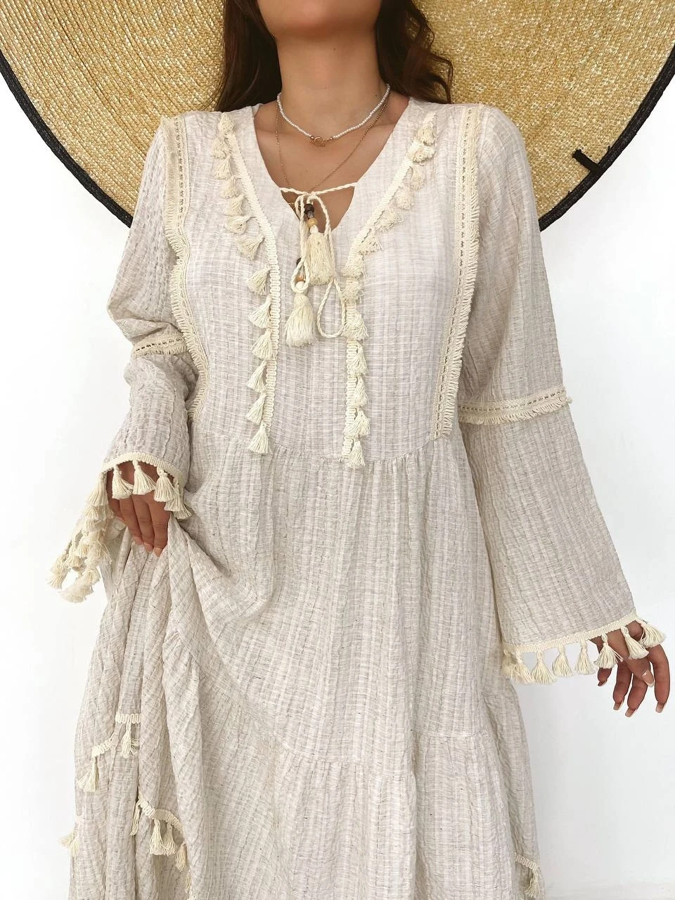 Püsküllü Gofre Kumaş  Elbise