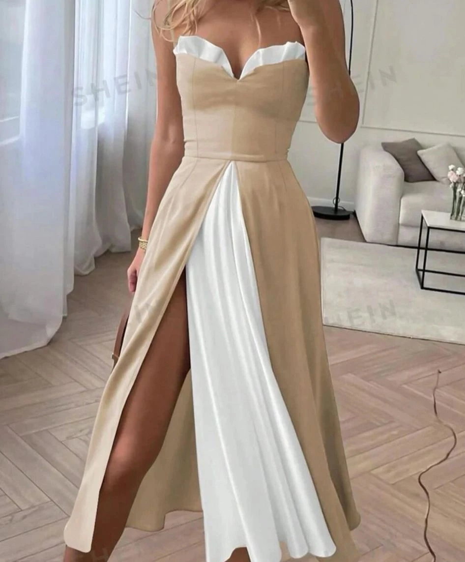 Sandy Kumaş Çift Renkli Garnili Elbise