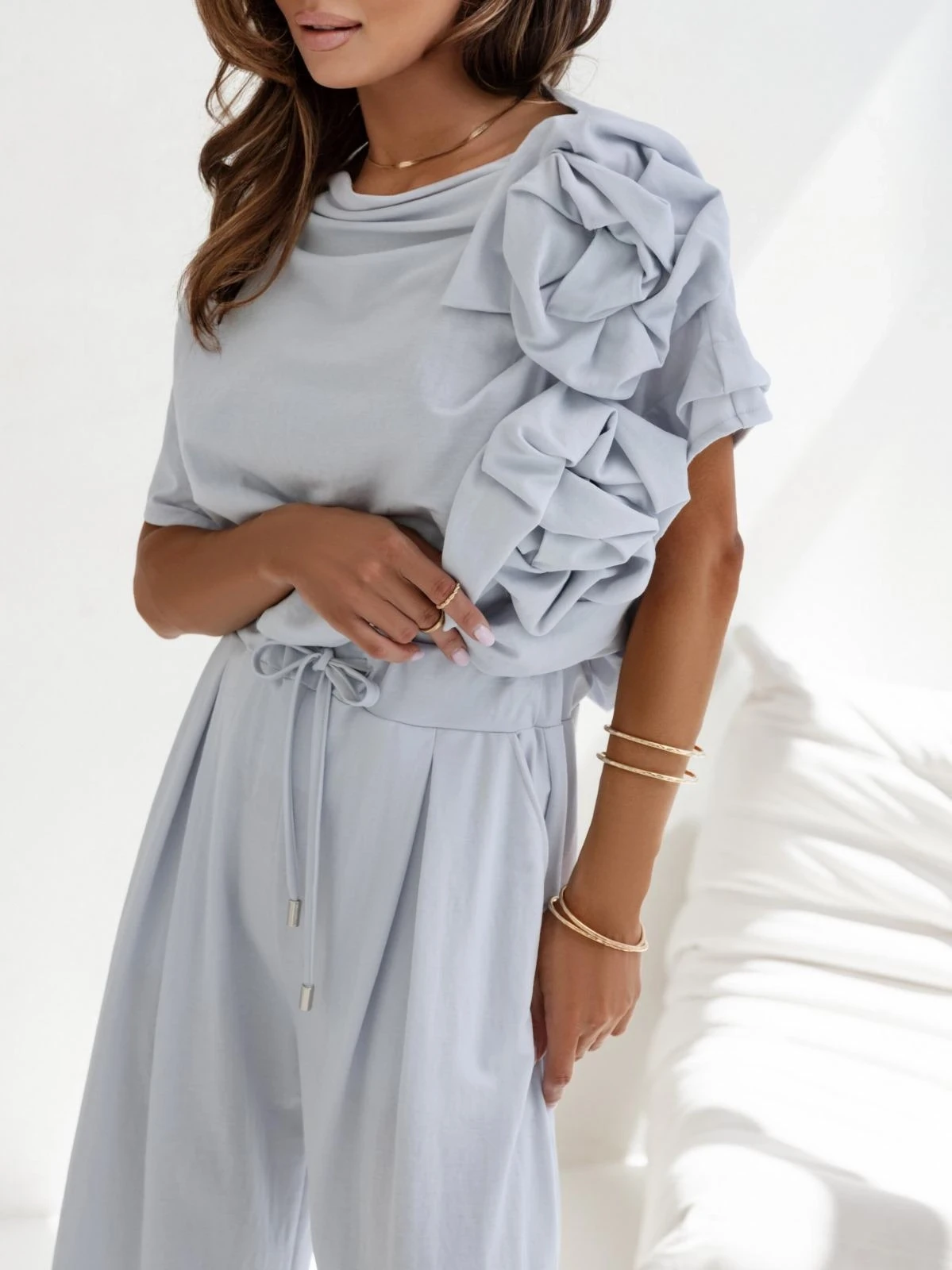 Sandy Kumaş Gül Detaylı 2 li Salash Takım