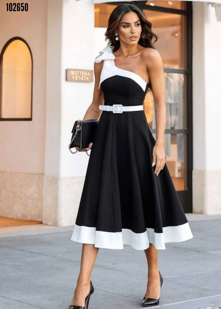 Scuba Krep Kumaş  Tek Omuz Elbise (Kemersizdir)