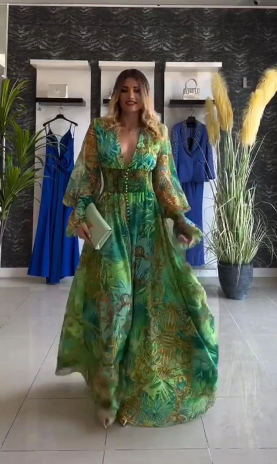 Şifon Kumaş Vrsc Desen Maxi Boy Gipeli Düğmeli Elbise