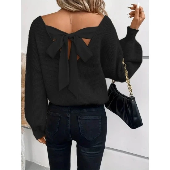 Sırtı Kurdelalı V-Yaka Triko