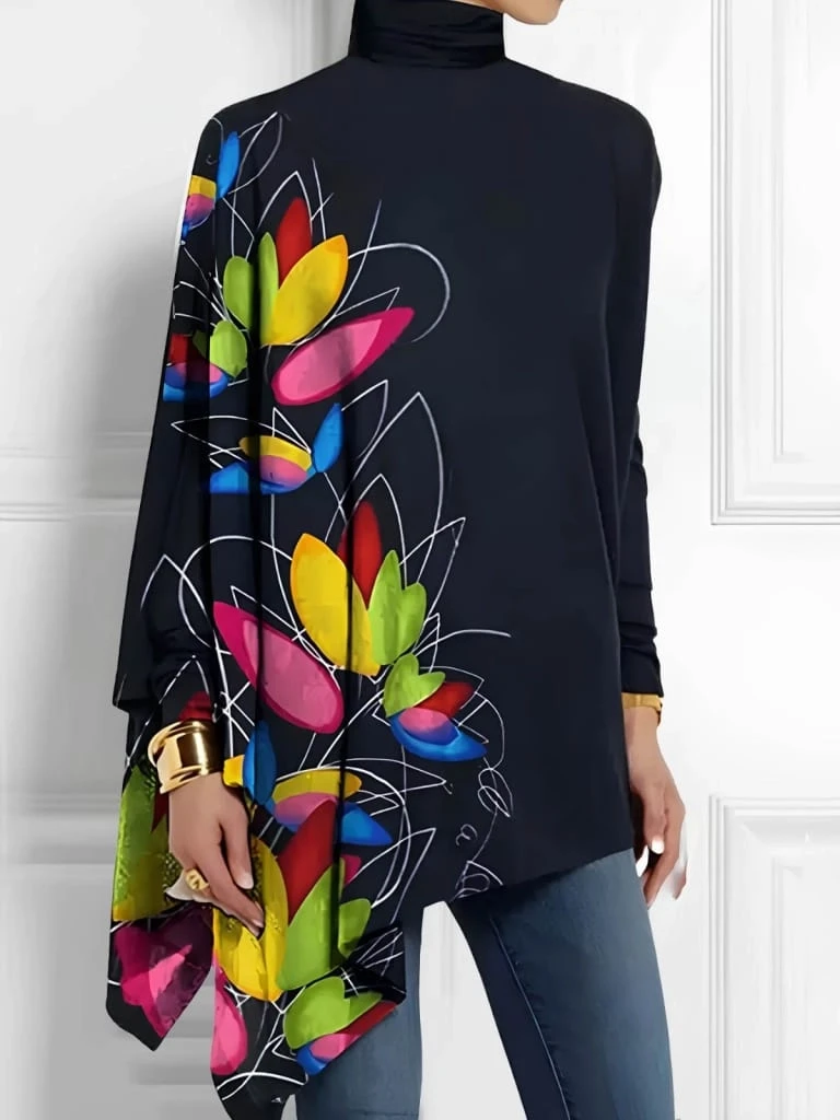 Uzun Kollu Balıkçı Yaka Asimetrik Kesim Mikro Bluz