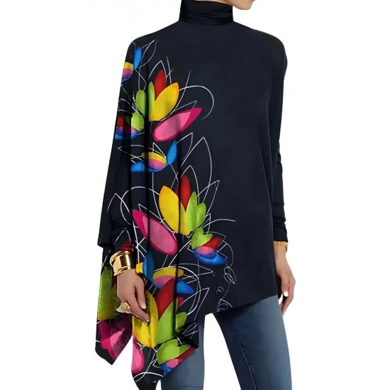 Uzun Kollu Balıkçı Yaka Asimetrik Kesim Mikro Bluz