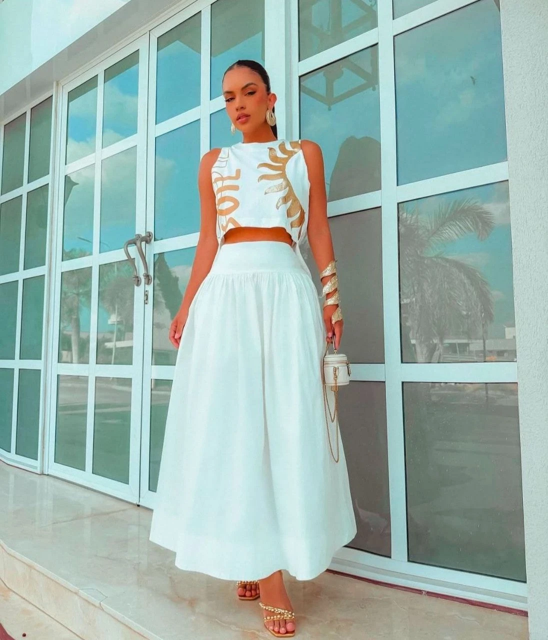 Varak Baskılı Crop & Etek Takım Beyaz