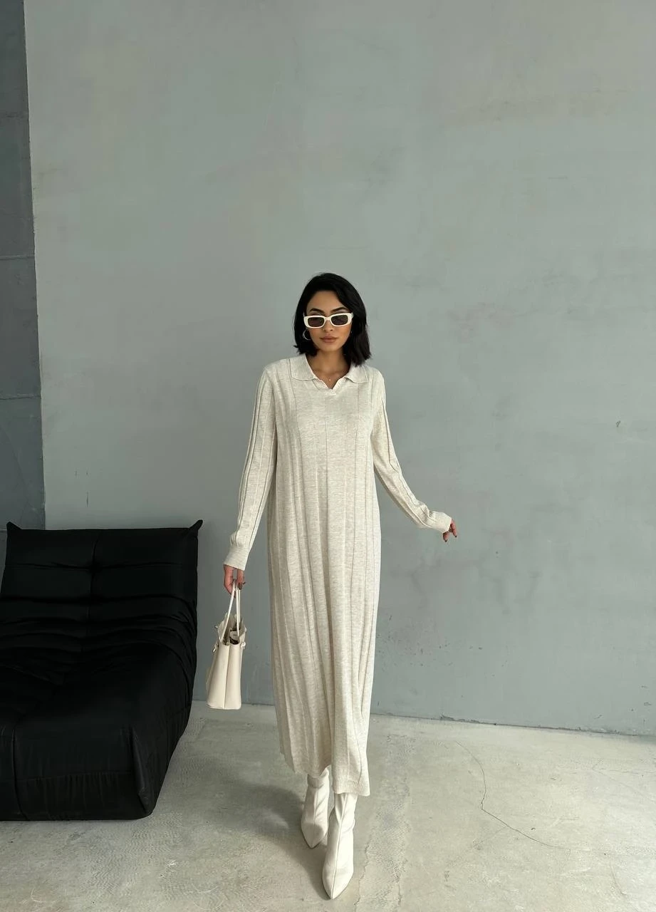 Yakalı Örme Kumaş Maxi Elbise