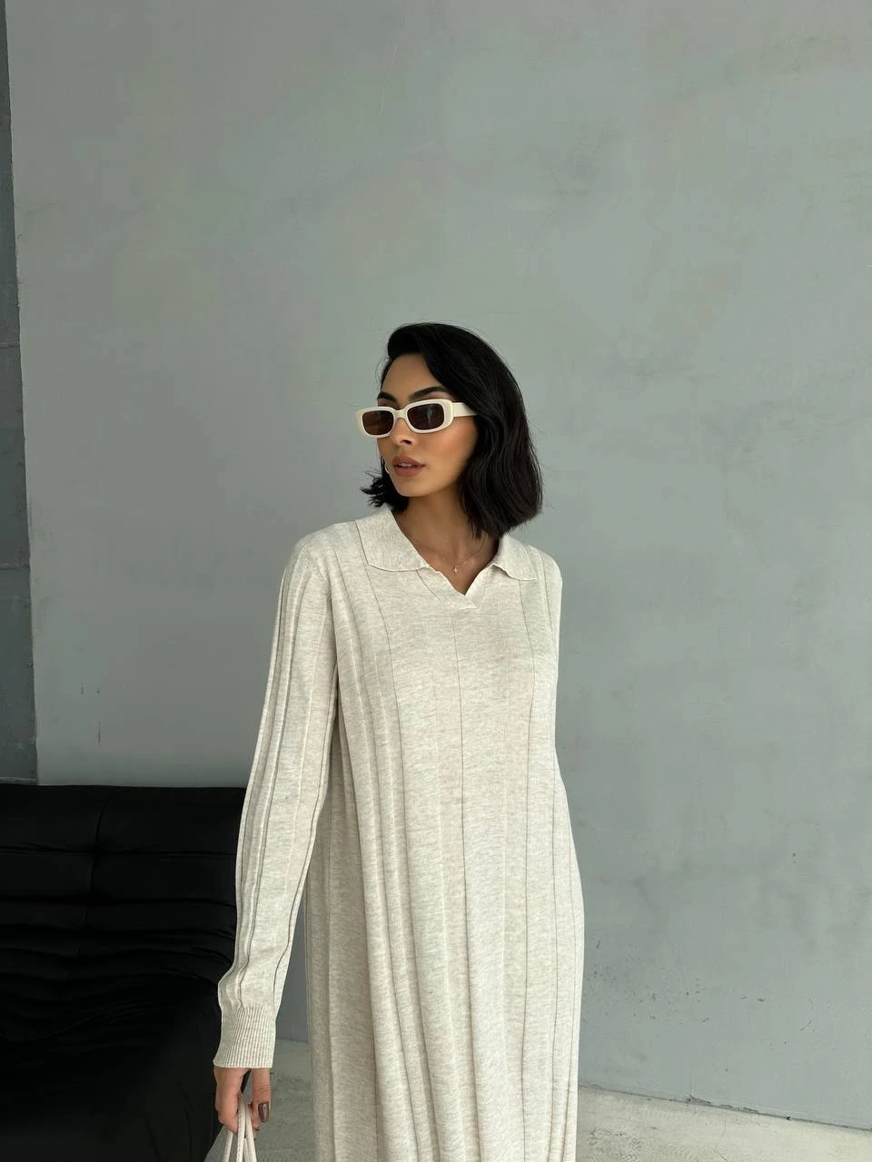 Yakalı Örme Kumaş Maxi Elbise