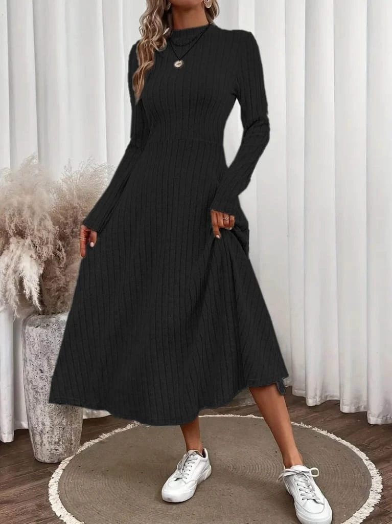 Yarı Balıkçı Yaka Şardonlu Kaşkorse Uzun Elbise