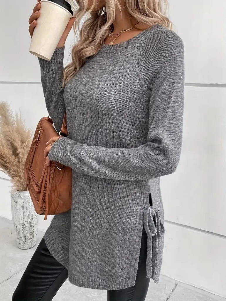 Yuvarlak Yaka Yanlardan Bağcıklı Triko Tunik