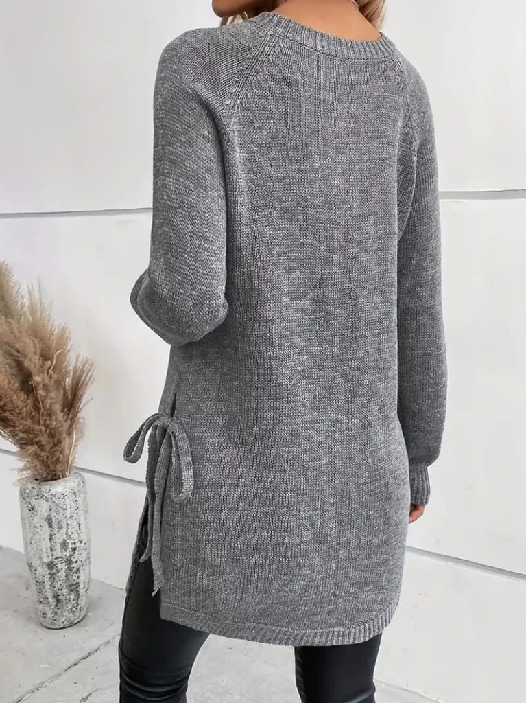 Yuvarlak Yaka Yanlardan Bağcıklı Triko Tunik