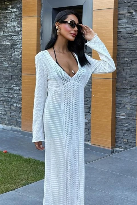 Ajurlu V Yaka Elbise Beyaz