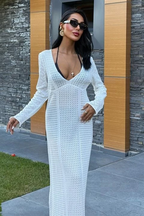 Ajurlu V Yaka Elbise Beyaz