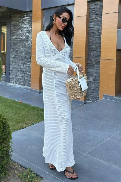 Ajurlu V Yaka Elbise Beyaz