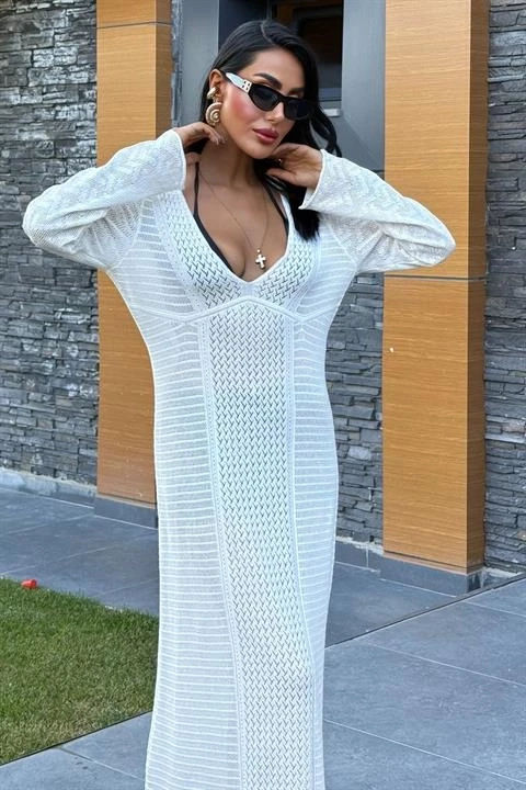 Ajurlu V Yaka Elbise Beyaz