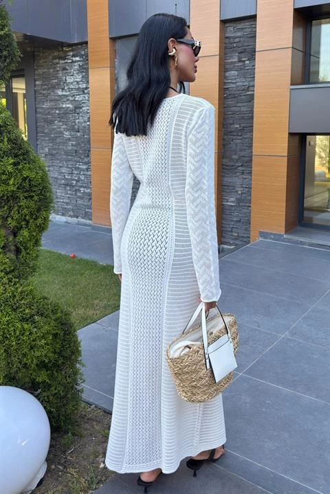 Ajurlu V Yaka Elbise Beyaz