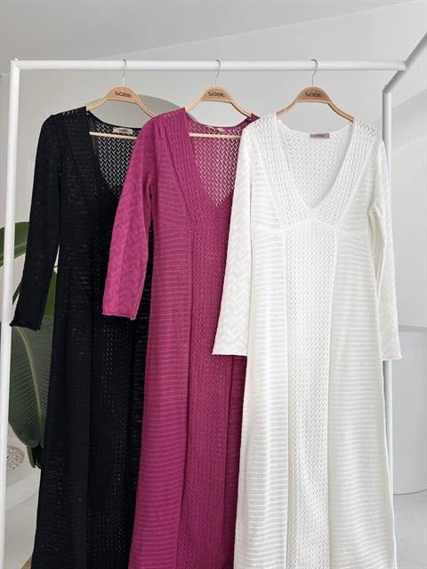 Ajurlu V Yaka Elbise Beyaz