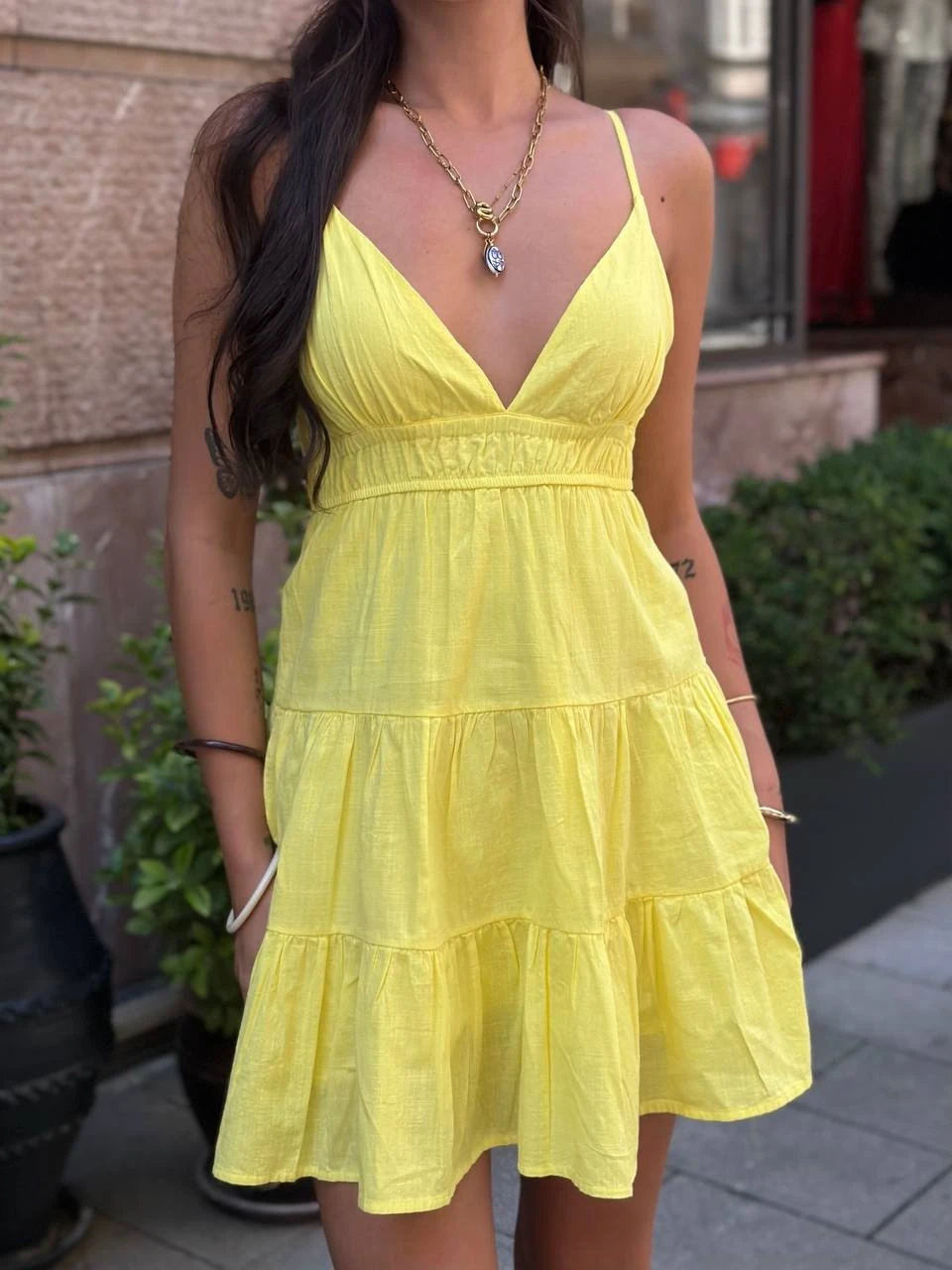 Arkası Bağlama Askılı Keten Elbise Sarı
