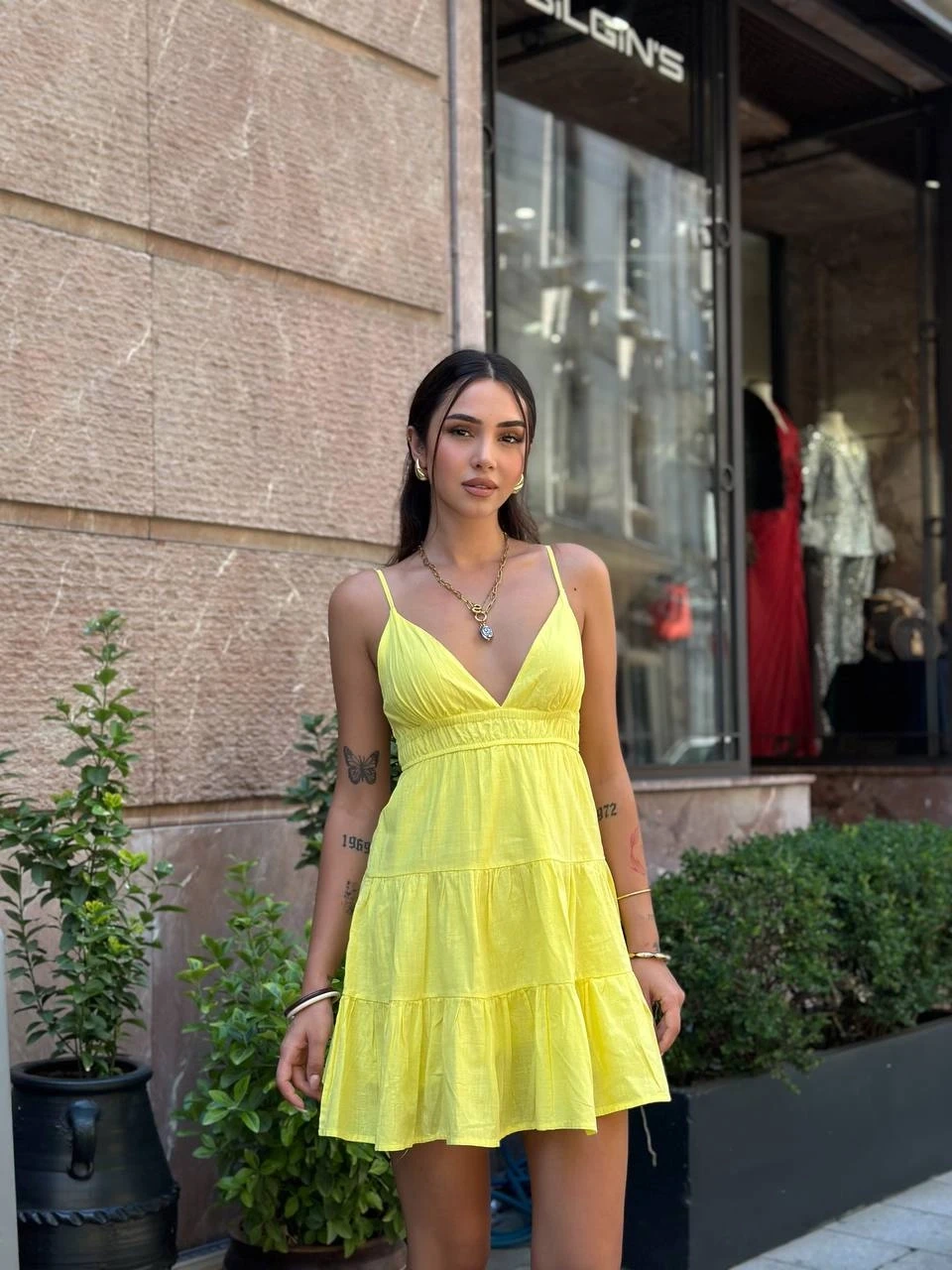 Arkası Bağlama Askılı Keten Elbise Sarı