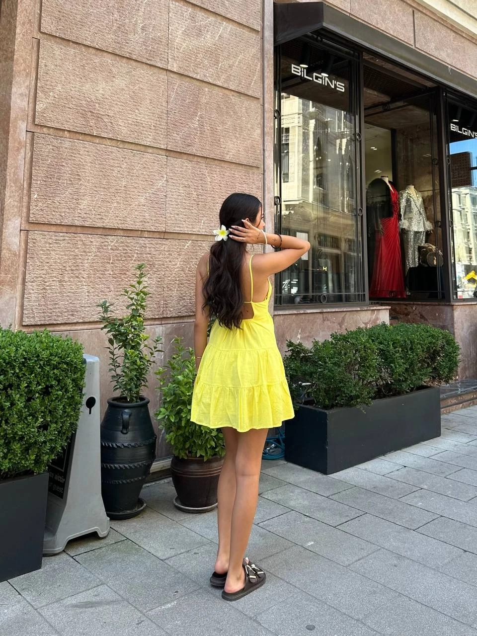 Arkası Bağlama Askılı Keten Elbise Sarı