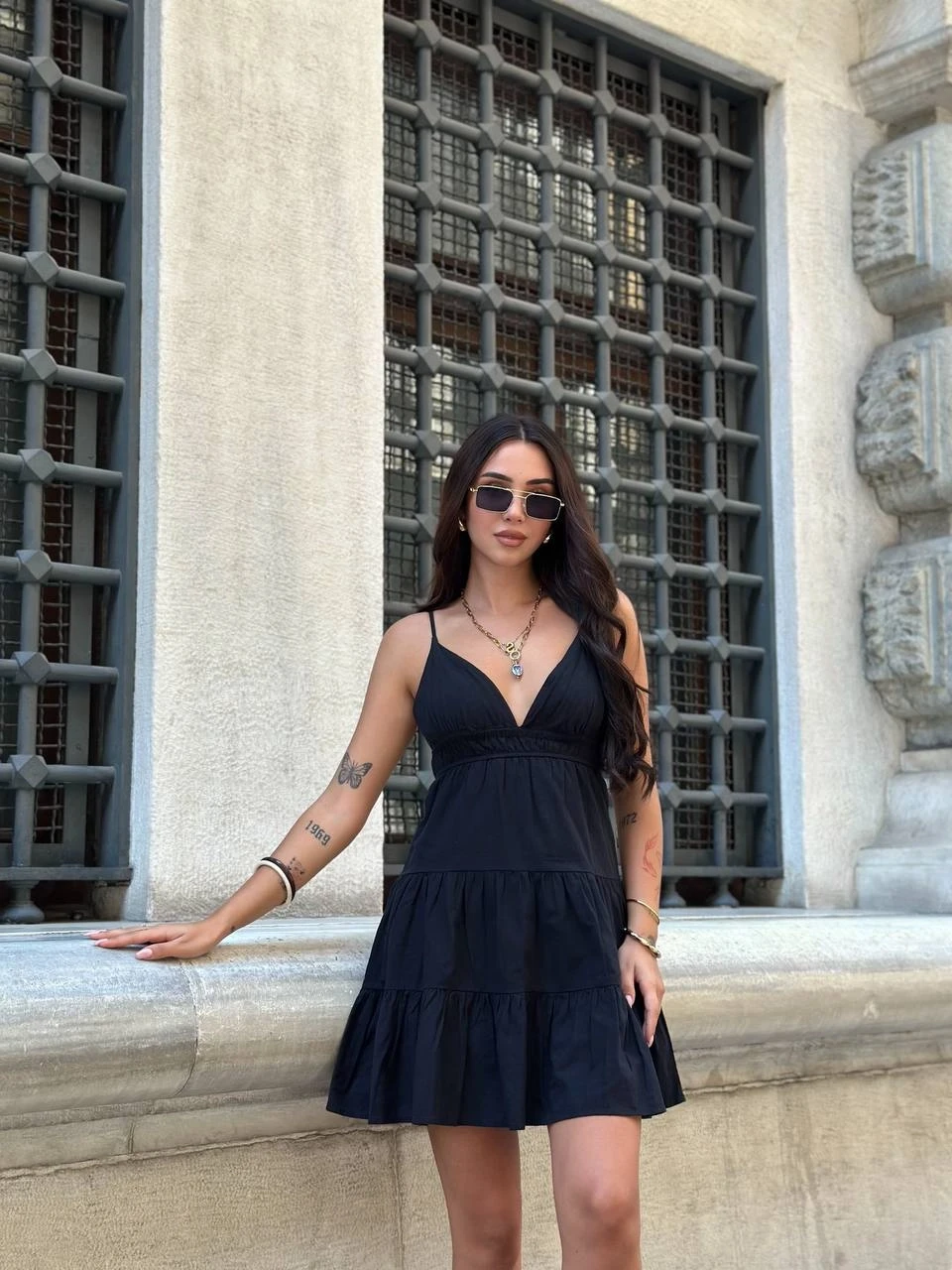 Arkası Bağlama Askılı Keten Elbise Siyah