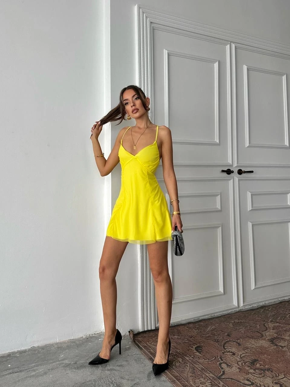 Astarlı Tül Mini Elbise Sarı