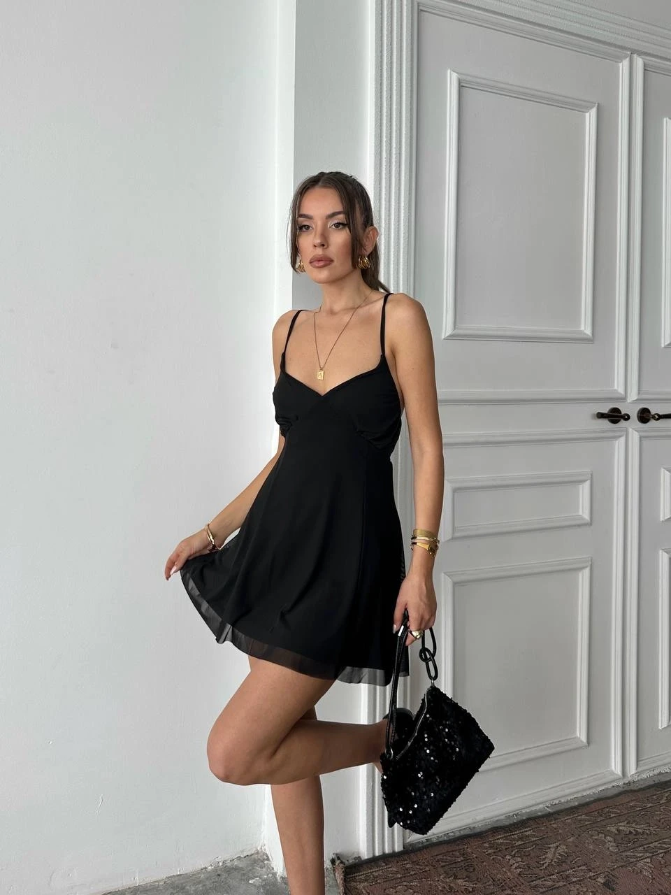 Astarlı Tül Mini Elbise Siyah