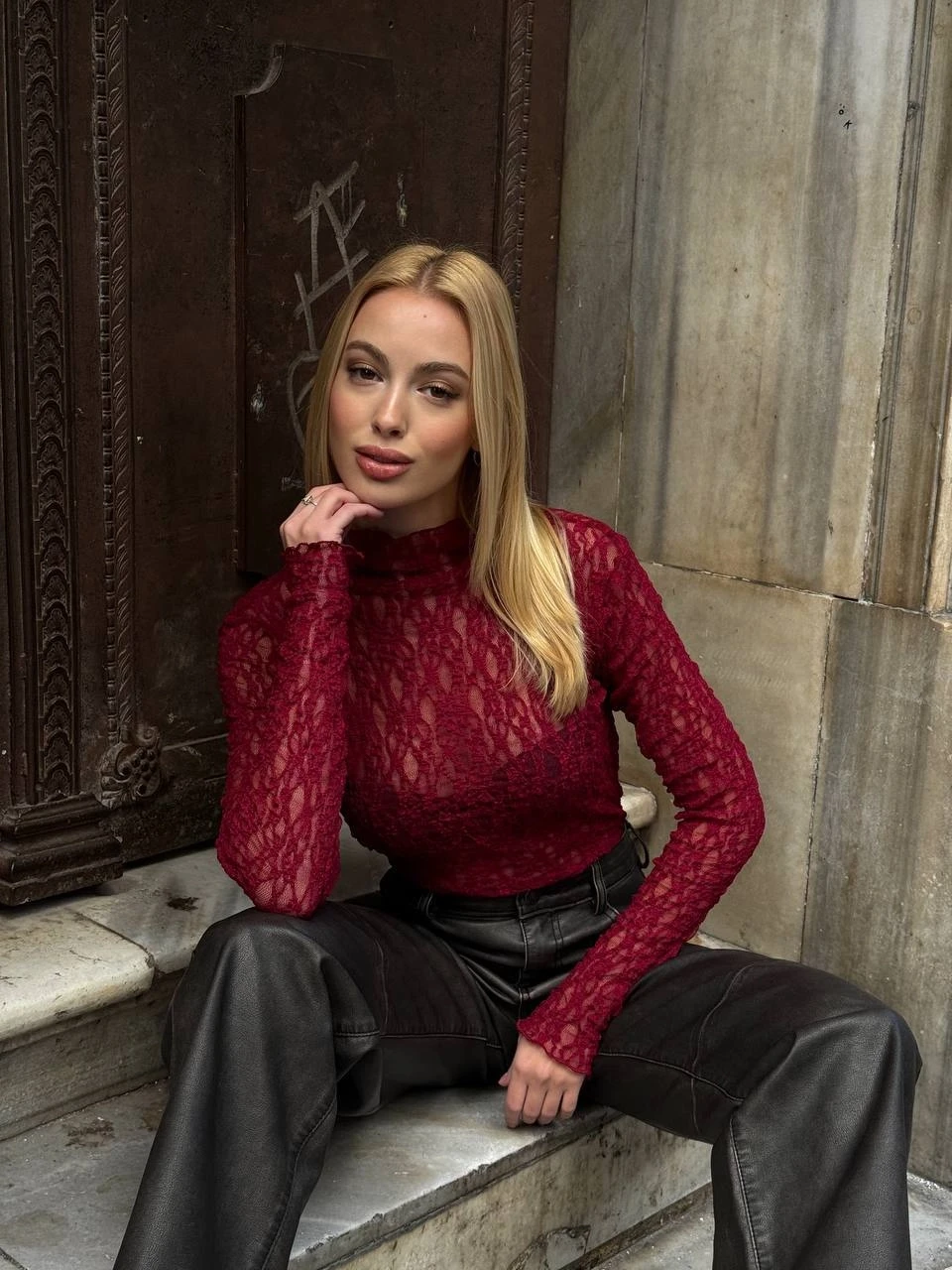 Balıkçı Yaka Bürümcük Bordo Dantel Bluz