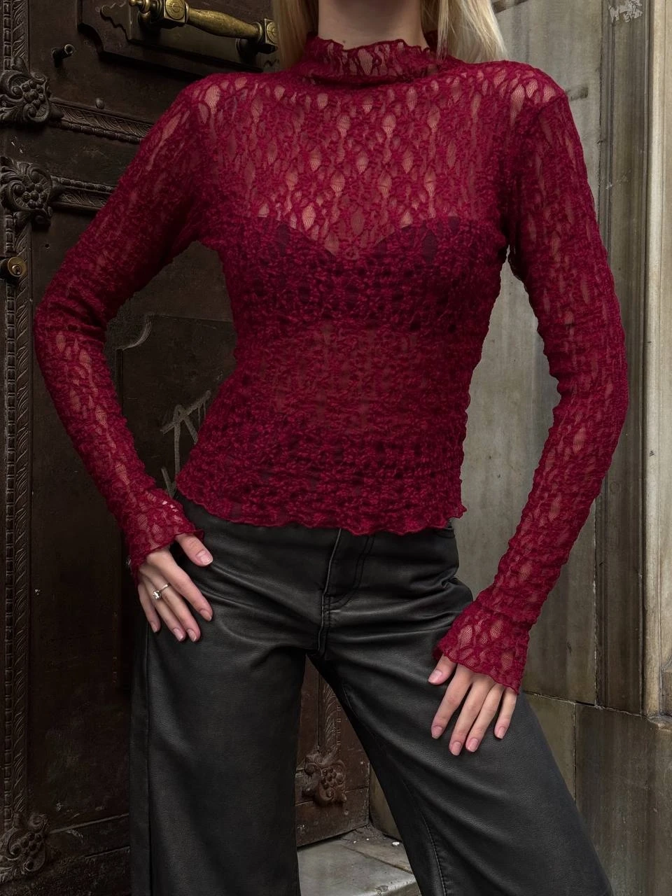 Balıkçı Yaka Bürümcük Bordo Dantel Bluz