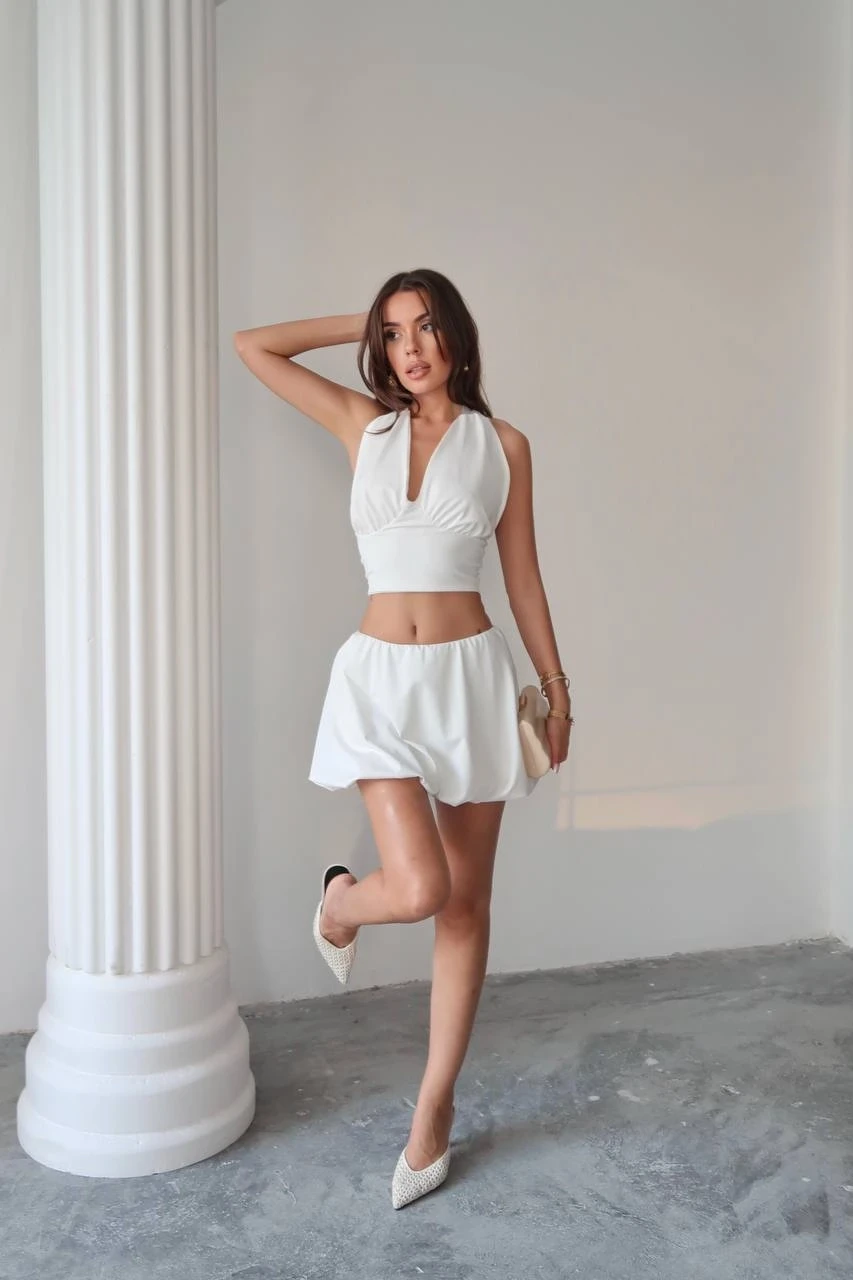 Balon Etek ve Bluz Takım Beyaz