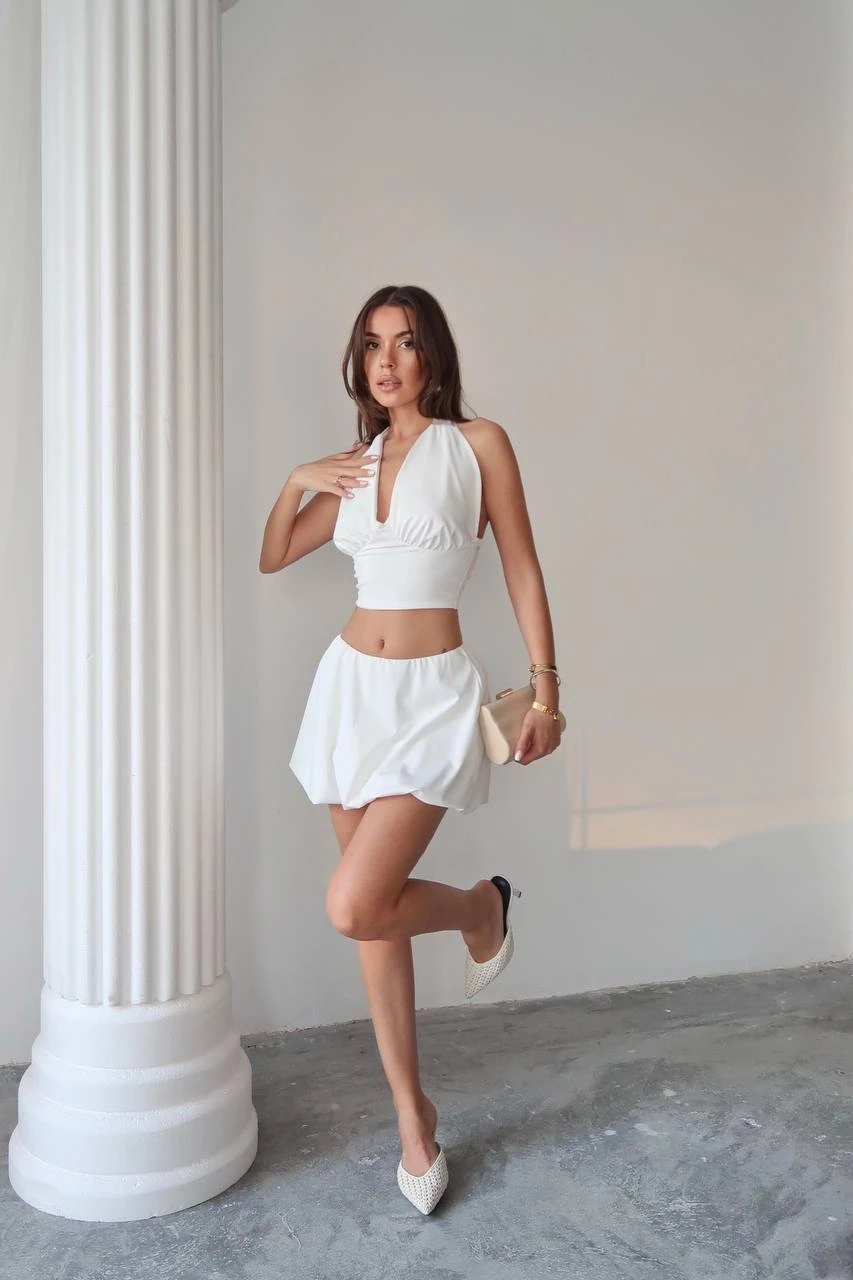 Balon Etek ve Bluz Takım Beyaz