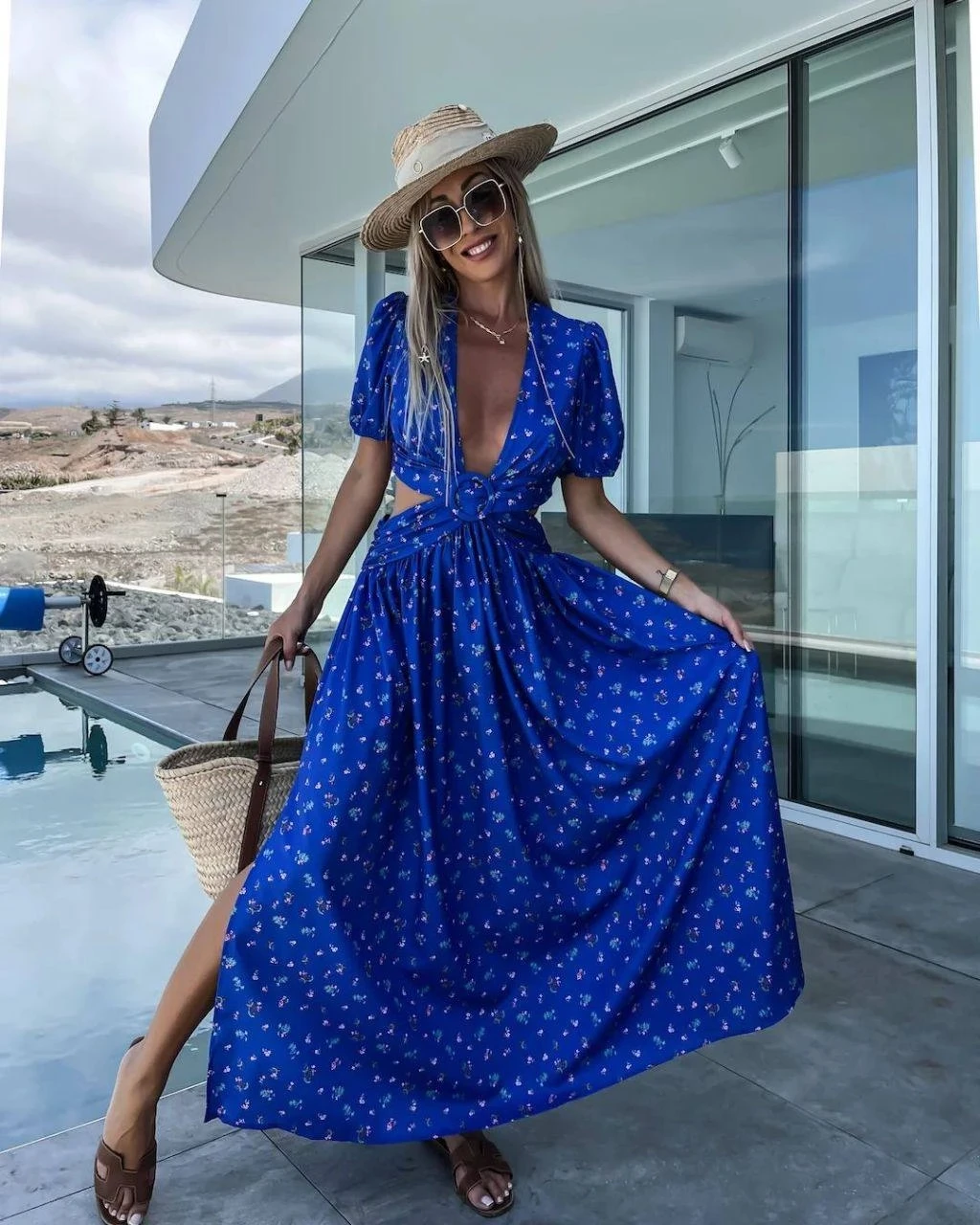 Bel Detay Desenli Elbise Mavi