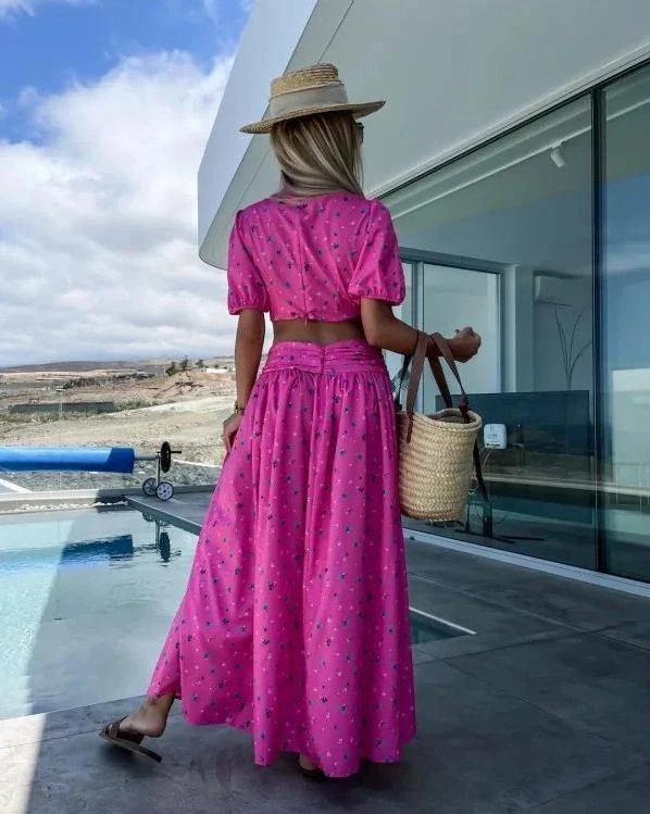 Bel Detay Desenli Elbise Pembe