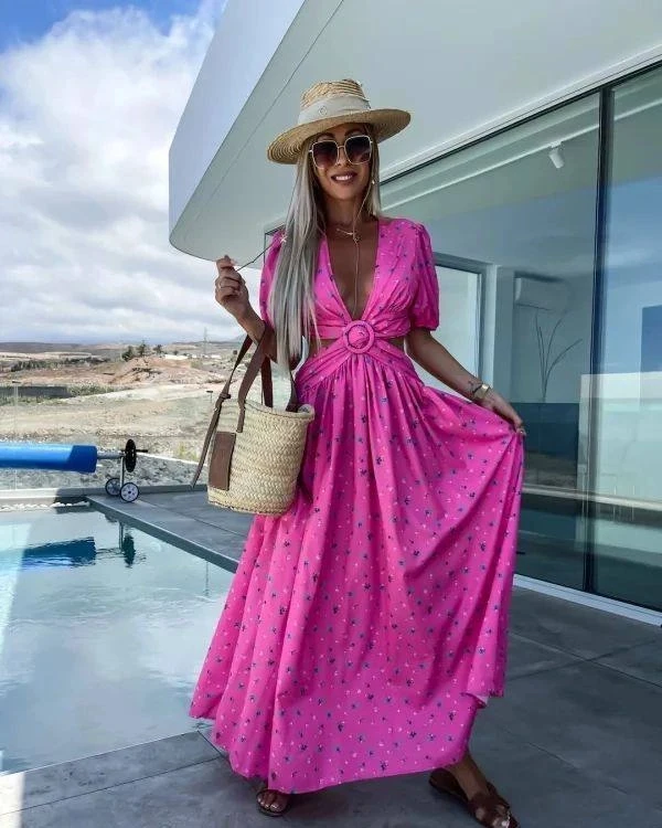 Bel Detay Desenli Elbise Pembe