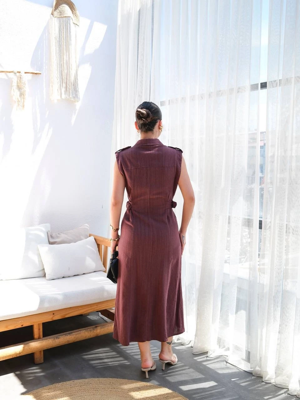 Bel Detay Düğmeli Keten Elbise Kahve