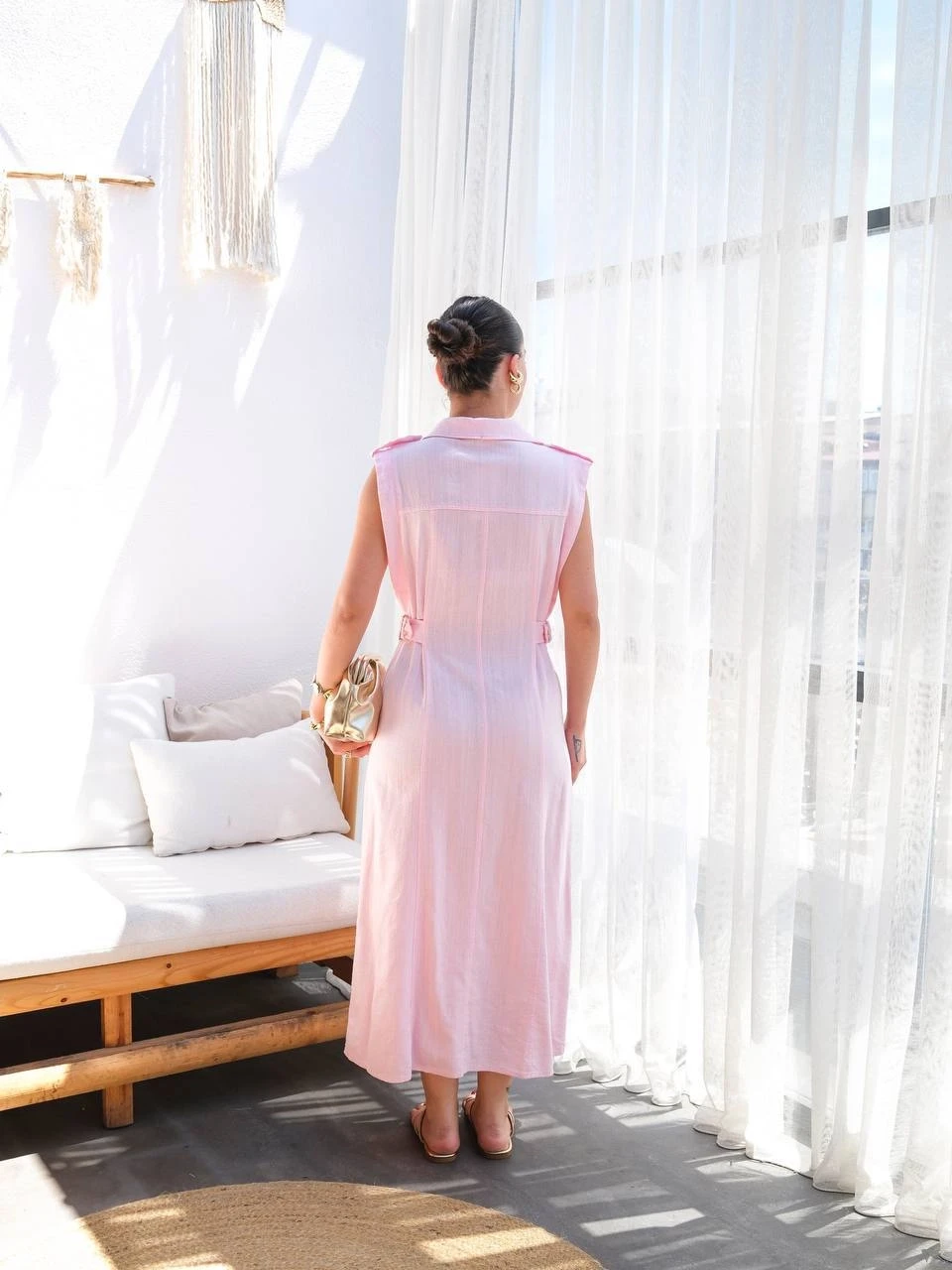 Bel Detay Düğmeli Keten Elbise Pembe