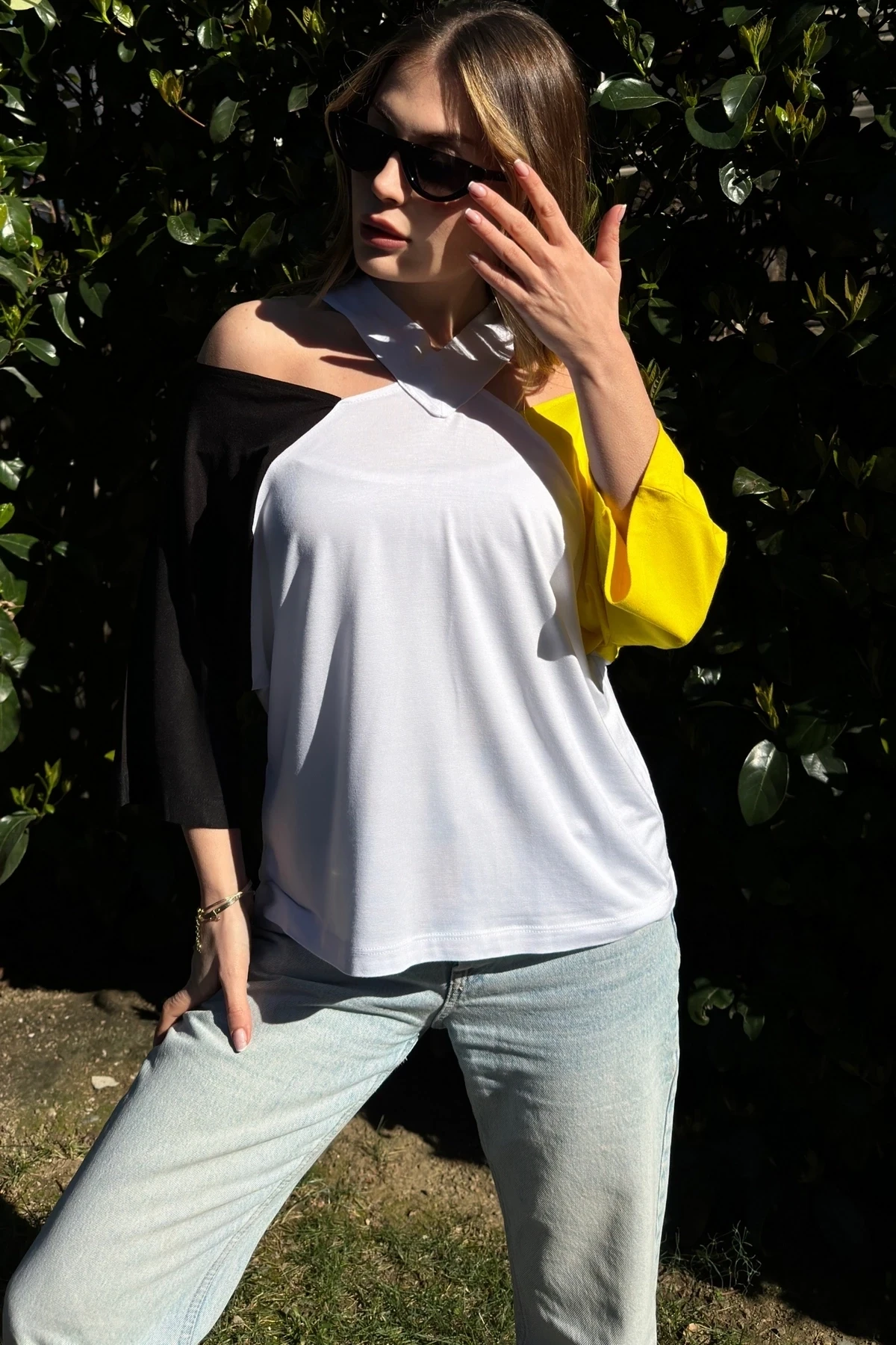 Bloklu Yaka Detay Bluz