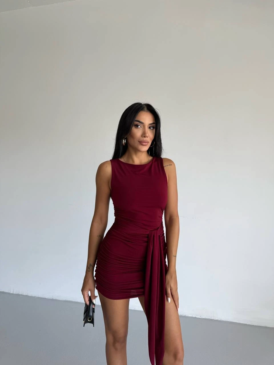 Bordo Kuşak Detaylı Elbise