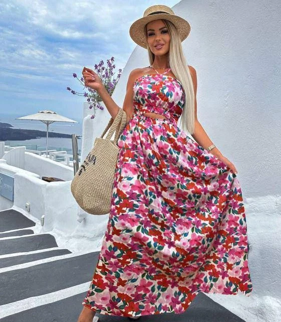 Boyun Bağcıklı Desenli İthal Krep Elbise