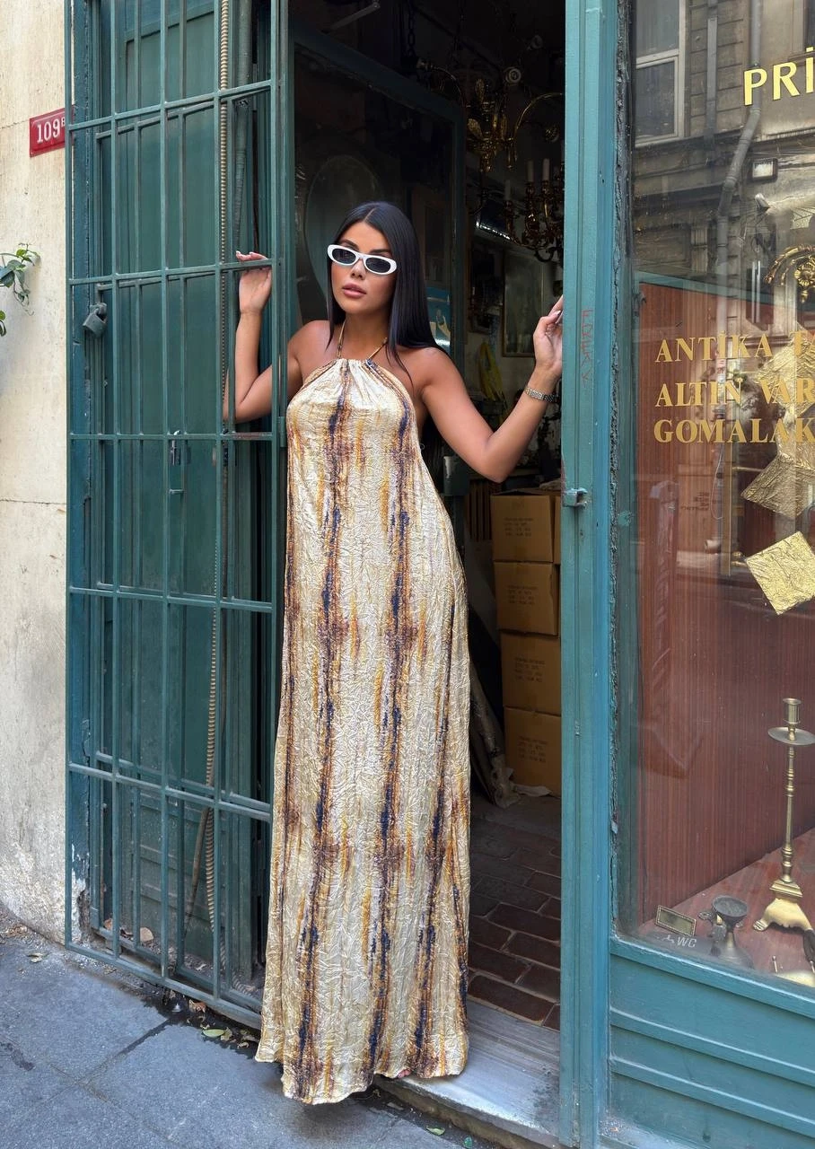 Boyundan Bağlamalı Sırt Dekolte Tasarım Elbise