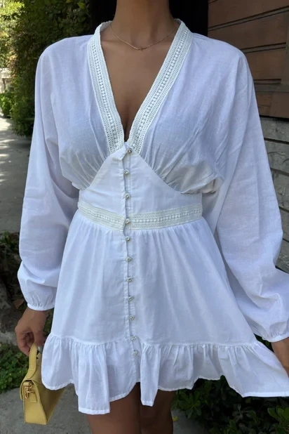 Brode Şeritli Eteği Fırfırlı Elbise Beyaz