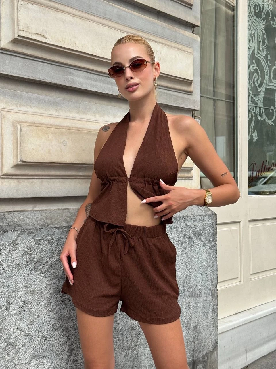 Bürümcük Kumaş Şortlu Takım Kahve
