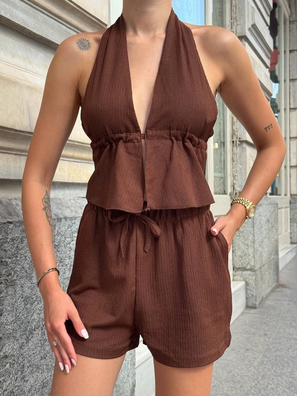 Bürümcük Kumaş Şortlu Takım Kahve