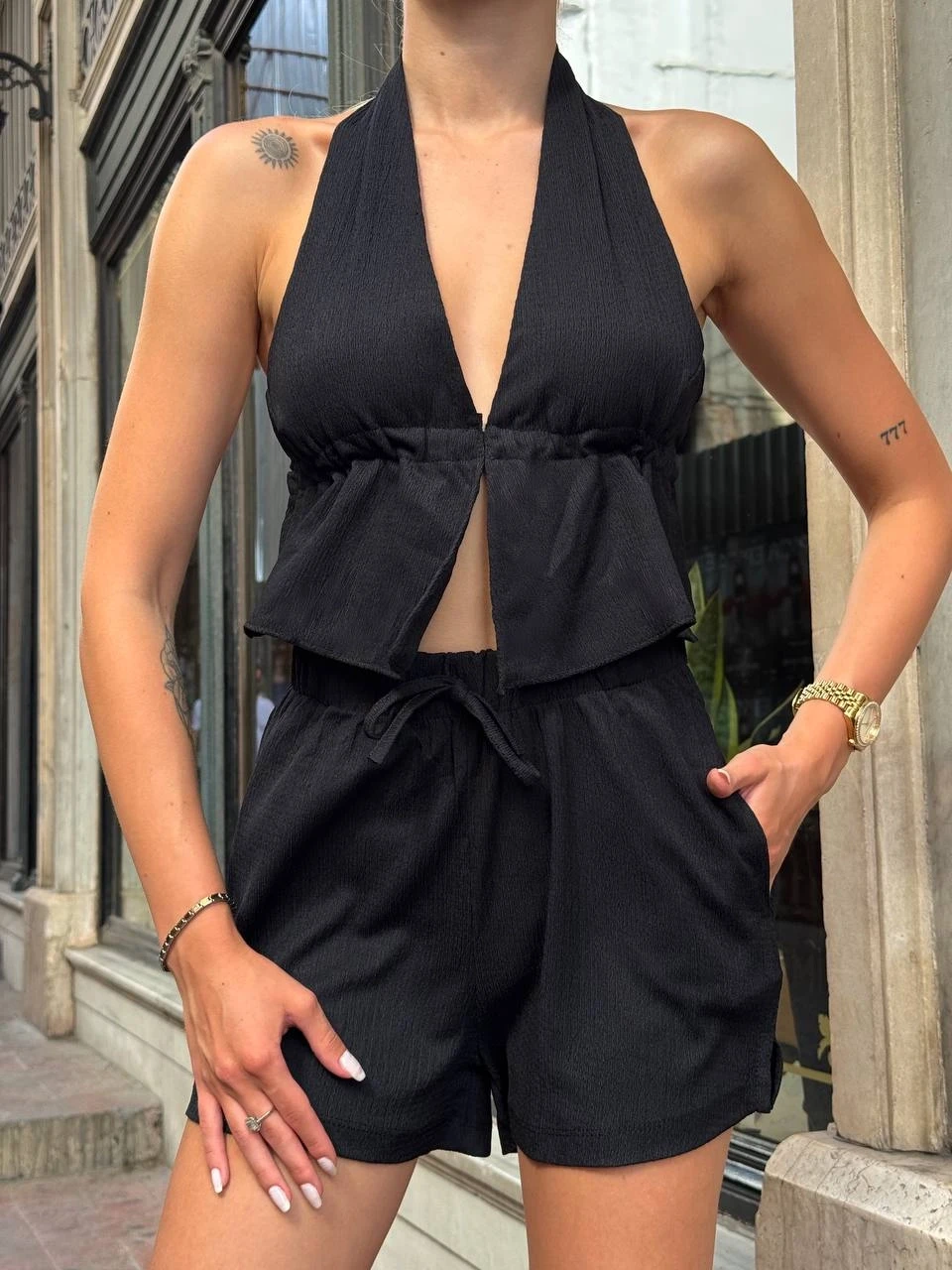 Bürümcük Kumaş Şortlu Takım Siyah