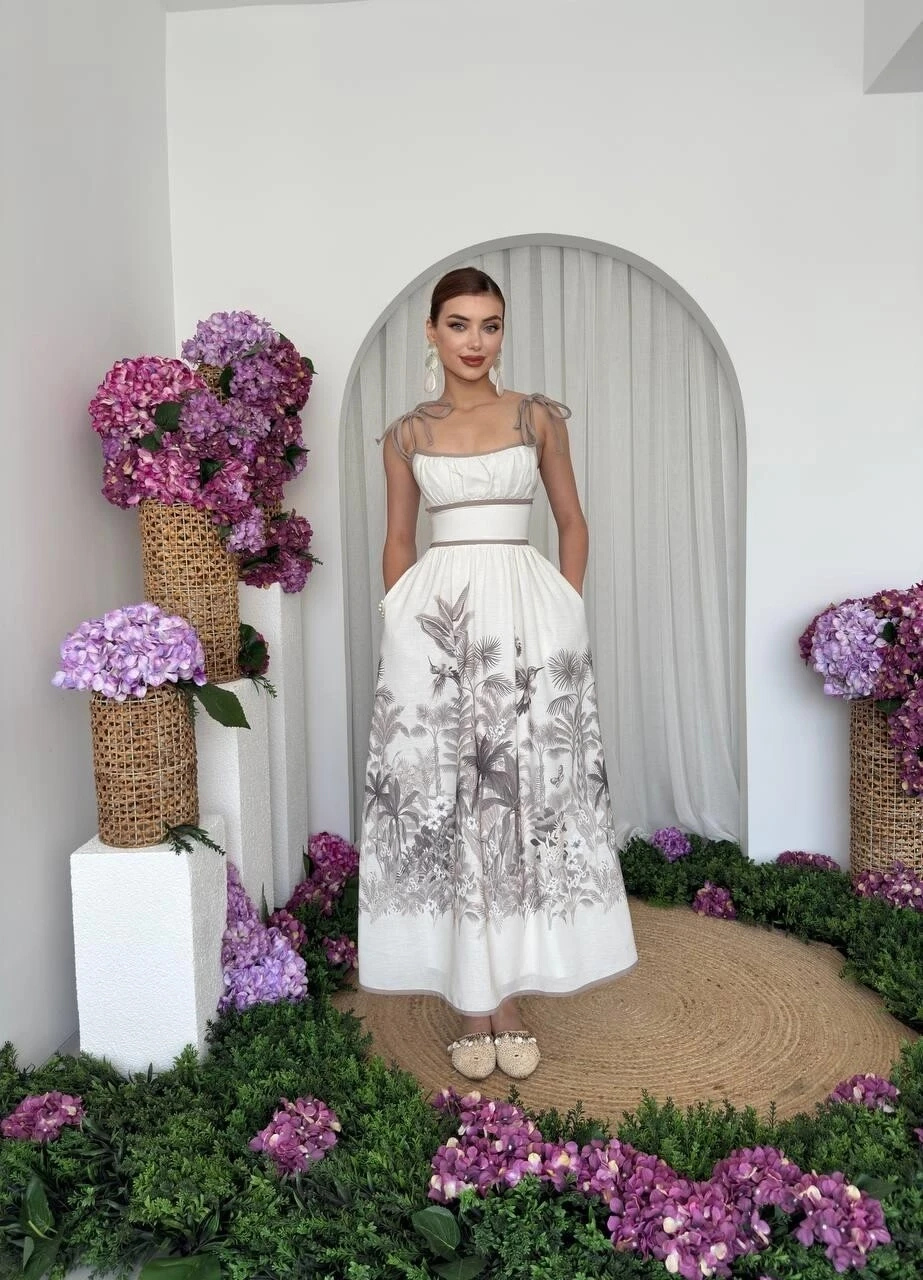 Cep Detaylı Bej Desenli Keten Elbise