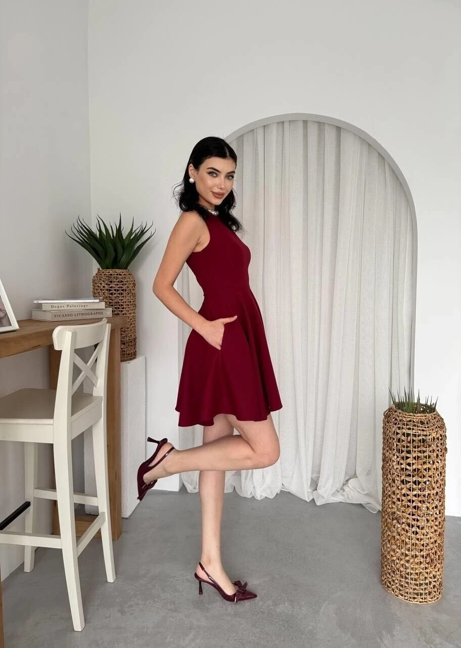 Cep Detaylı Elbise Bordo