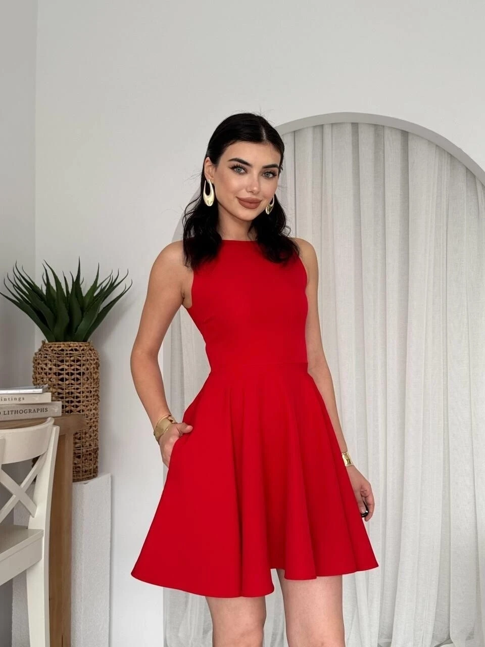 Cep Detaylı Elbise Kırmızı