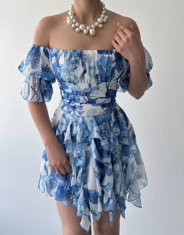 Çiçek Desenli Straplez Elbise