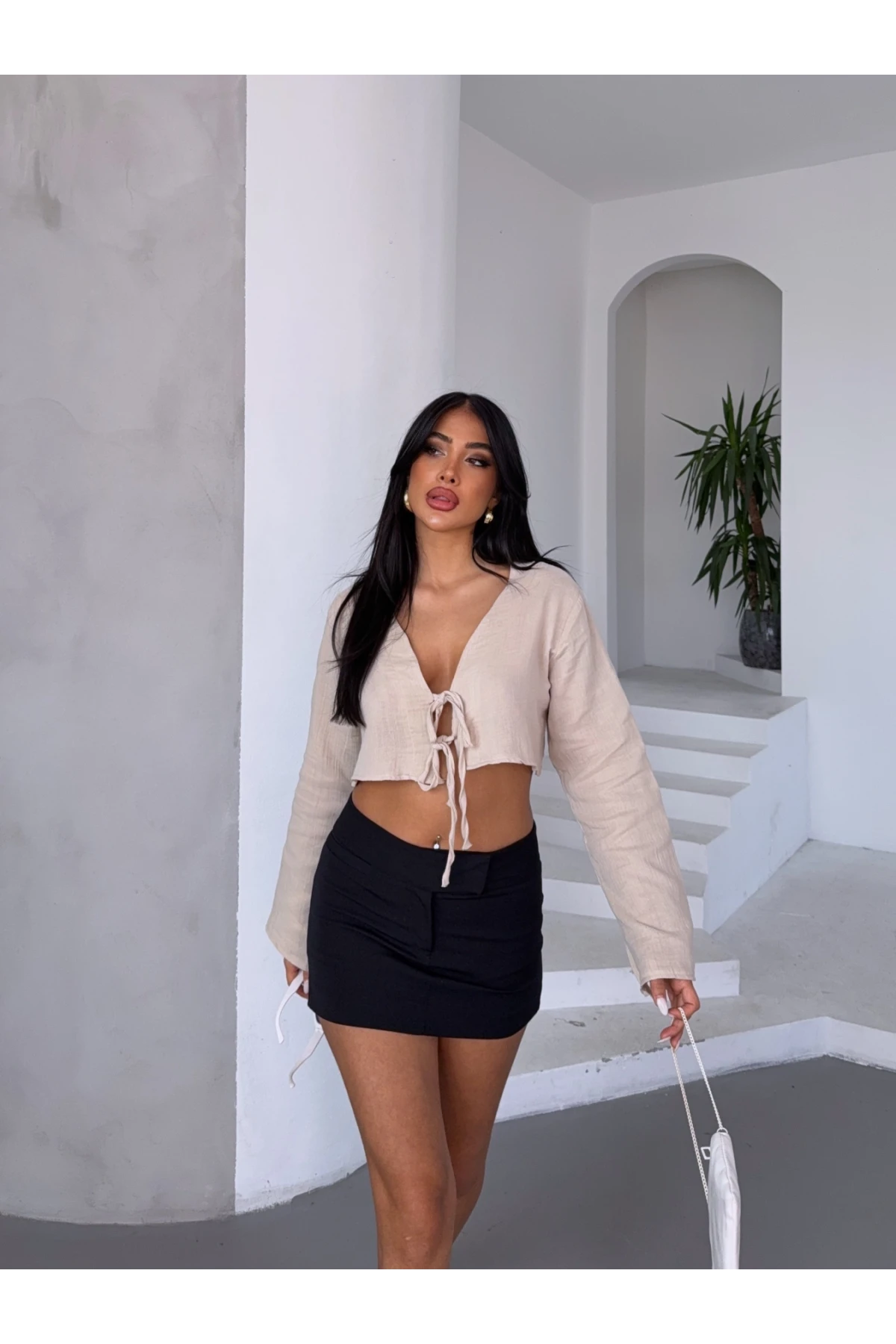 Çift Bağlama Detay Müslin Bluz Bej