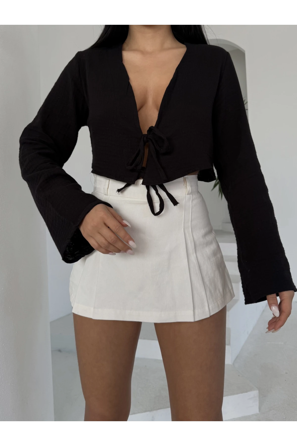 Çift Bağlama Detay Müslin Bluz Bej