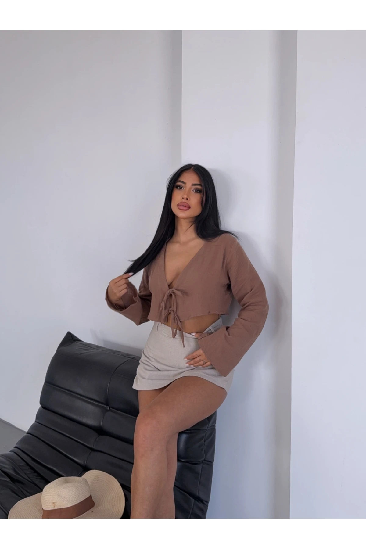 Çift Bağlama Detay Müslin Bluz Kahve